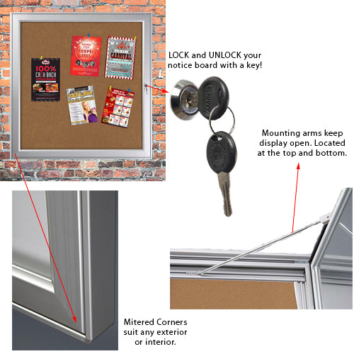 Outdoor Premium Weatherproof Notice Boards have 1 front lock with a key set included, 2 prop arms on top and bottom, and have mitered corners with safety edges for a sleek look.