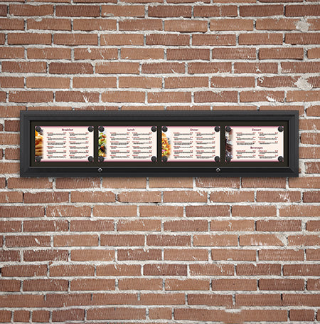 Outdoor Enclosed Magnetic Restaurant Menu Display Case | 14" x 8 1/2" Landscape | Holds Four Landscape Menus ACROSS