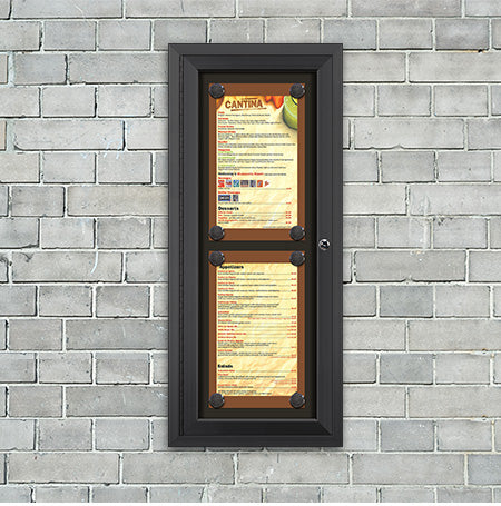 Outdoor Enclosed Magnetic Restaurant Menu Display Case | Tall, Wall Mount Metal Cabinet Holds Two 8.5" x 14" Portrait Menus STACKED