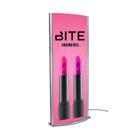 Tall, Illuminated Curved Totem Floor Display, Two-Sided | Holds Signage, Posters 27 x 67 | Snap Open Rails for Quick Graphic Changes